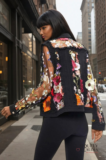 Fleur Embroidered Black Denim Jacket | Uniquely Claudia Boutique