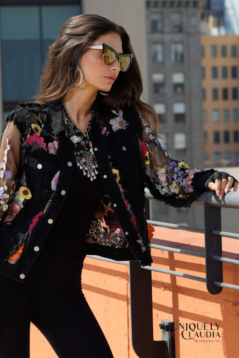 Fleur Embroidered Black Denim Jacket | Uniquely Claudia Boutique