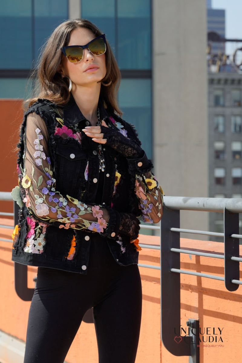 Fleur Embroidered Black Denim Jacket | Uniquely Claudia Boutique