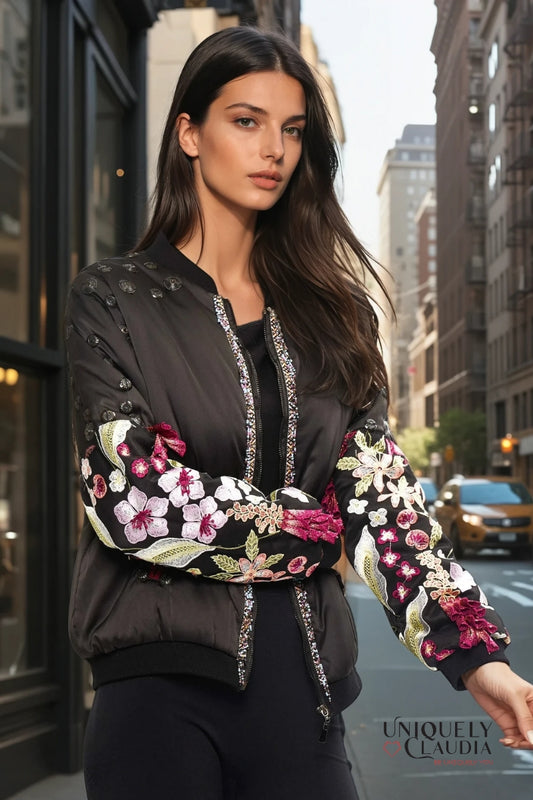 Fleur Embroidered Bomber Jacket | Uniquely Claudia Boutique