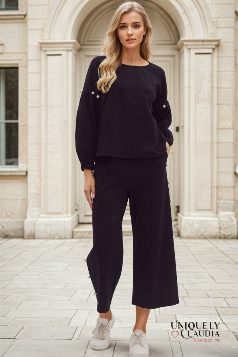 Ghita Pearl Embellished Long-Sleeve Top & Pant Set | Uniquely Claudia Boutique 