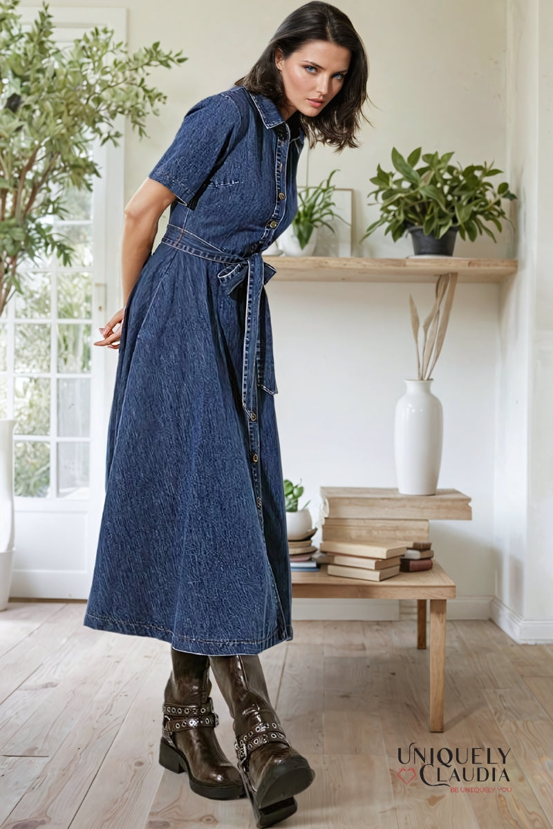 Gisselle Washed Denim Midi Dress | Uniquely Claudia Boutique 