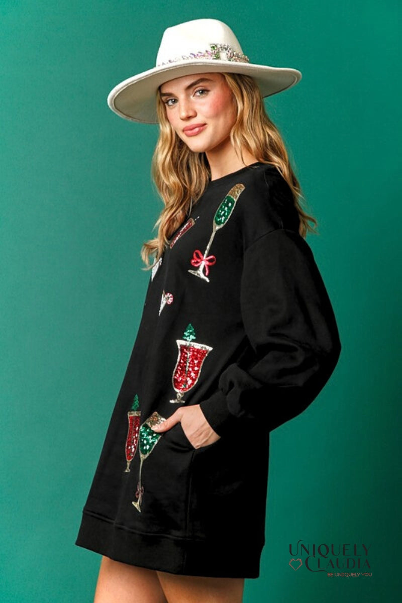 Holiday Cheer Embellished Sweatshirt Dress | Uniquely Claudia Boutique 