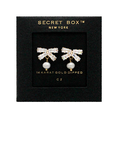 Pearl & CZ Baguette Bow Earrings