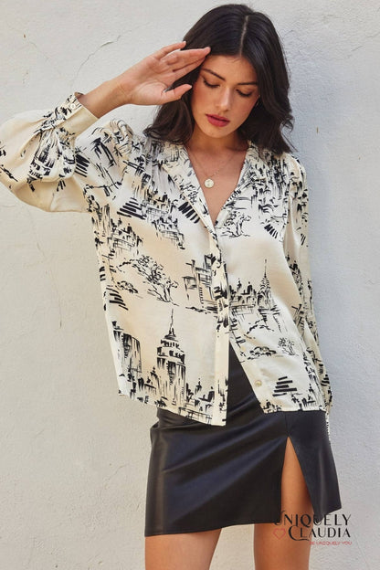 Janet Printed Bishop Sleeve Blouse | Uniquely Claudia Boutique 