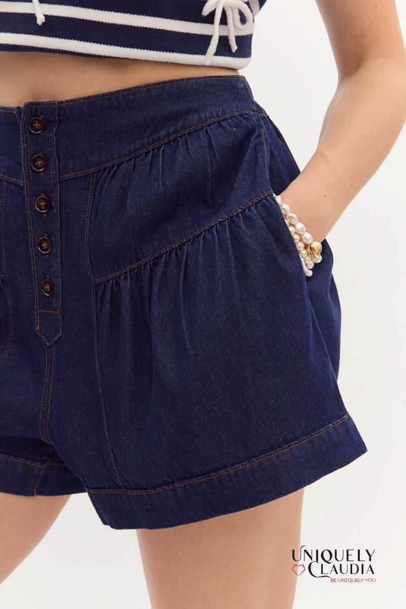 Kelsie Flared High-Waisted Dark Denim Shorts | Uniquely Claudia Boutique