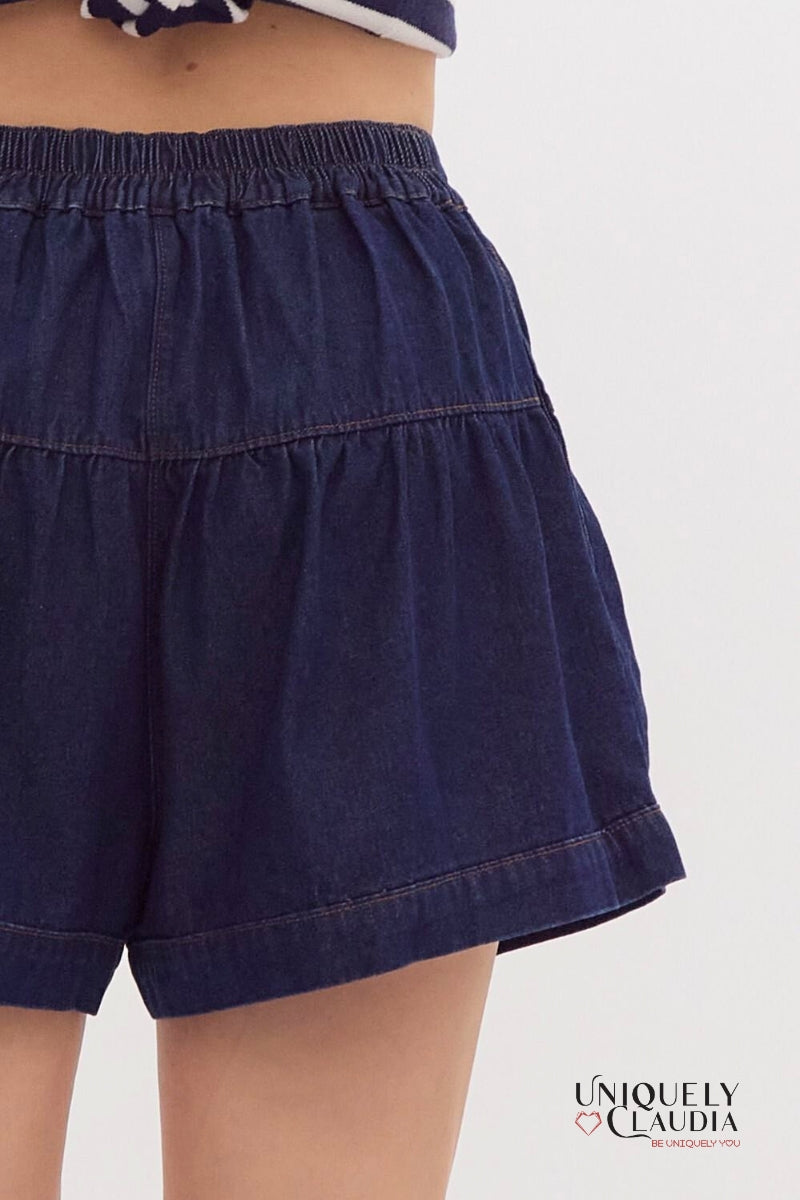 Kelsie Flared High-Waisted Dark Denim Shorts | Uniquely Claudia Boutique