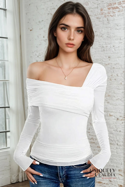 Pamela Long-Sleeve One-Shoulder Mesh Top | Uniquely Claudia Boutique