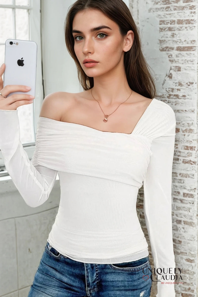 Pamela Long-Sleeve One-Shoulder Mesh Top | Uniquely Claudia Boutique