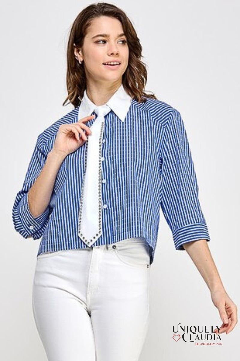 Roberta Embellished Striped Cropped Shirt With Tie