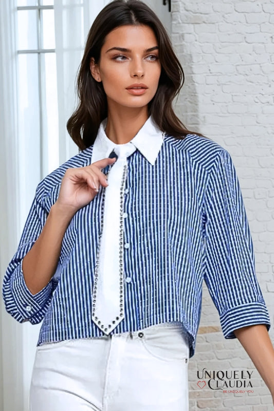 Roberta Embellished Striped Cropped Shirt With Tie | Uniquely Claudia Boutique