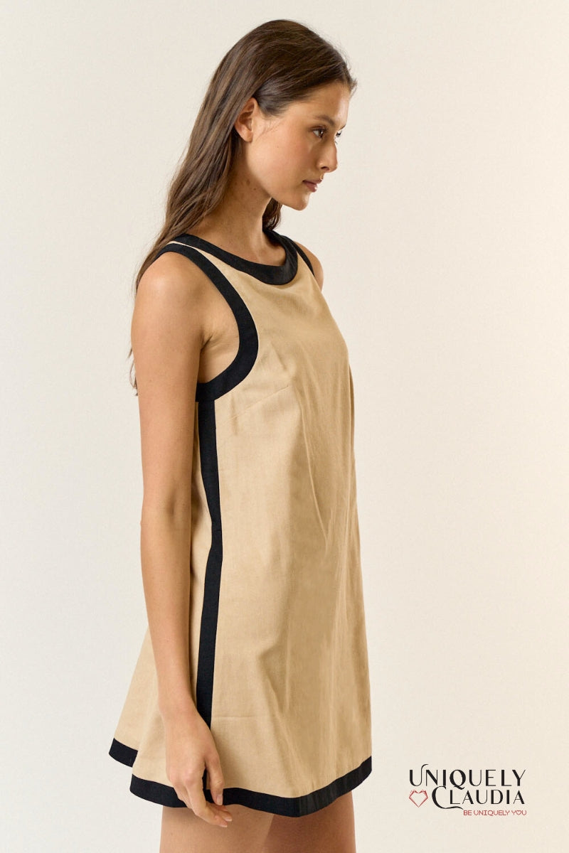 Roselyn Contrast Detail Boat Neck Sleeveless Mini Dress