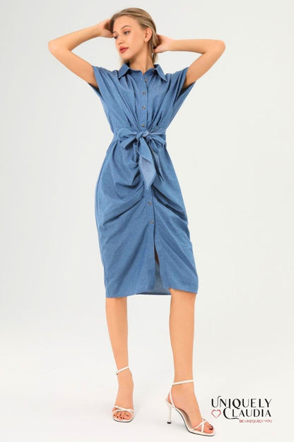 Tiana Short Sleeves Waist Tie Daily Midi Dress
