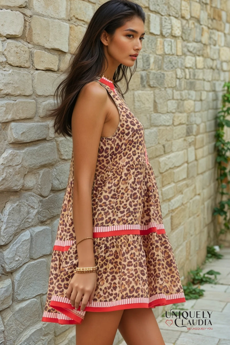 Vera Animal Print Red Trim Sleeveless Mini Dress | Uniquely Claudia Boutique