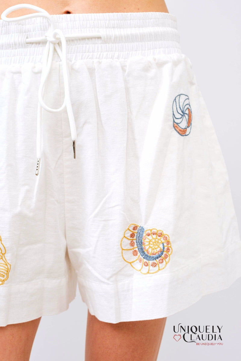 Veronica Linen Blend Seashell Embroidered Shirt & Short Set | Uniquely Claudia Boutique