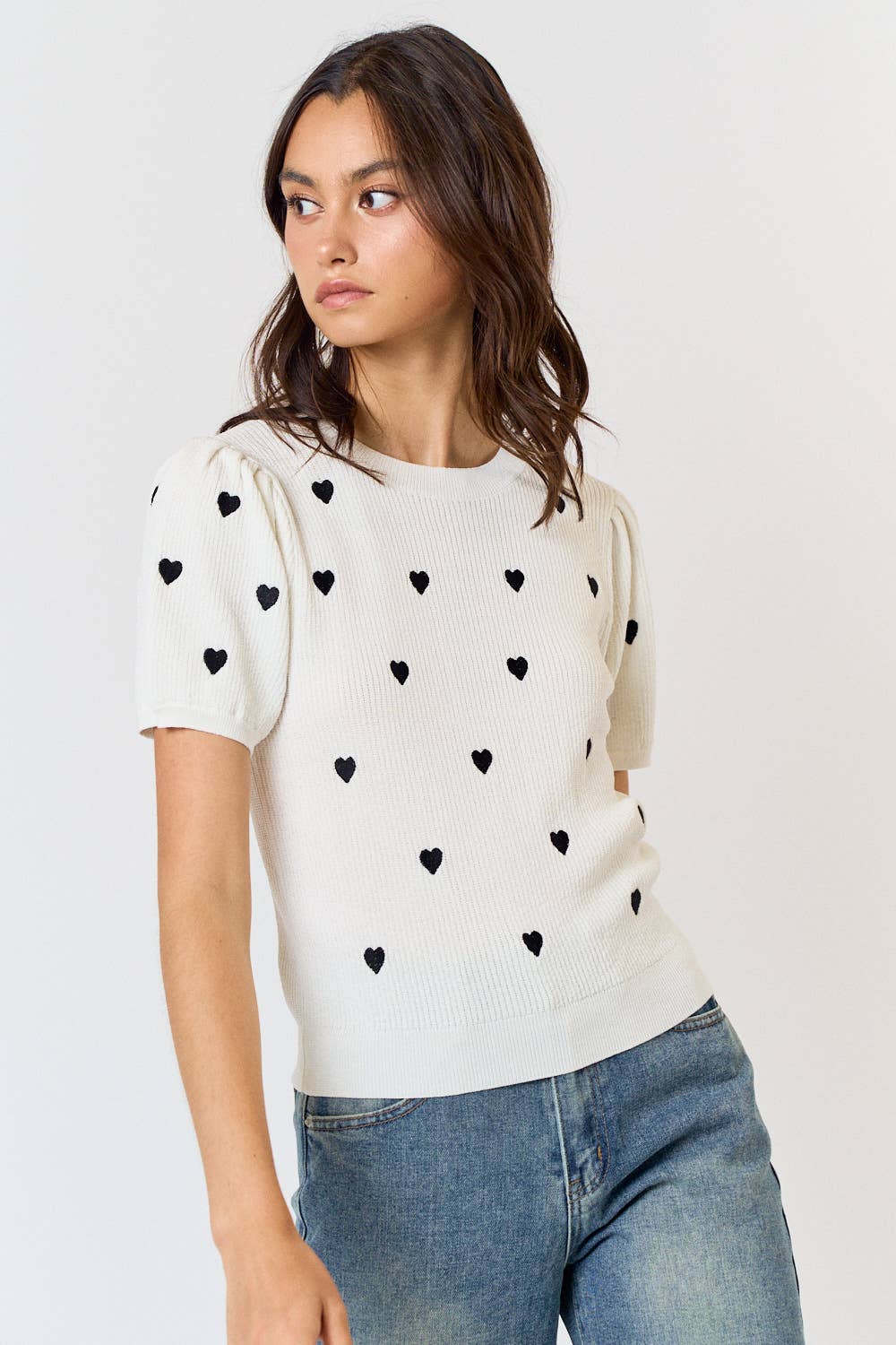 With All My Heart Embroidered Puff Sleeve Sweater Top