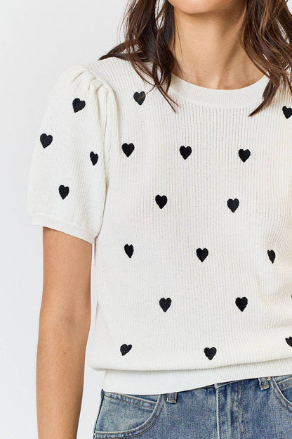 With All My Heart Embroidered Puff Sleeve Sweater Top