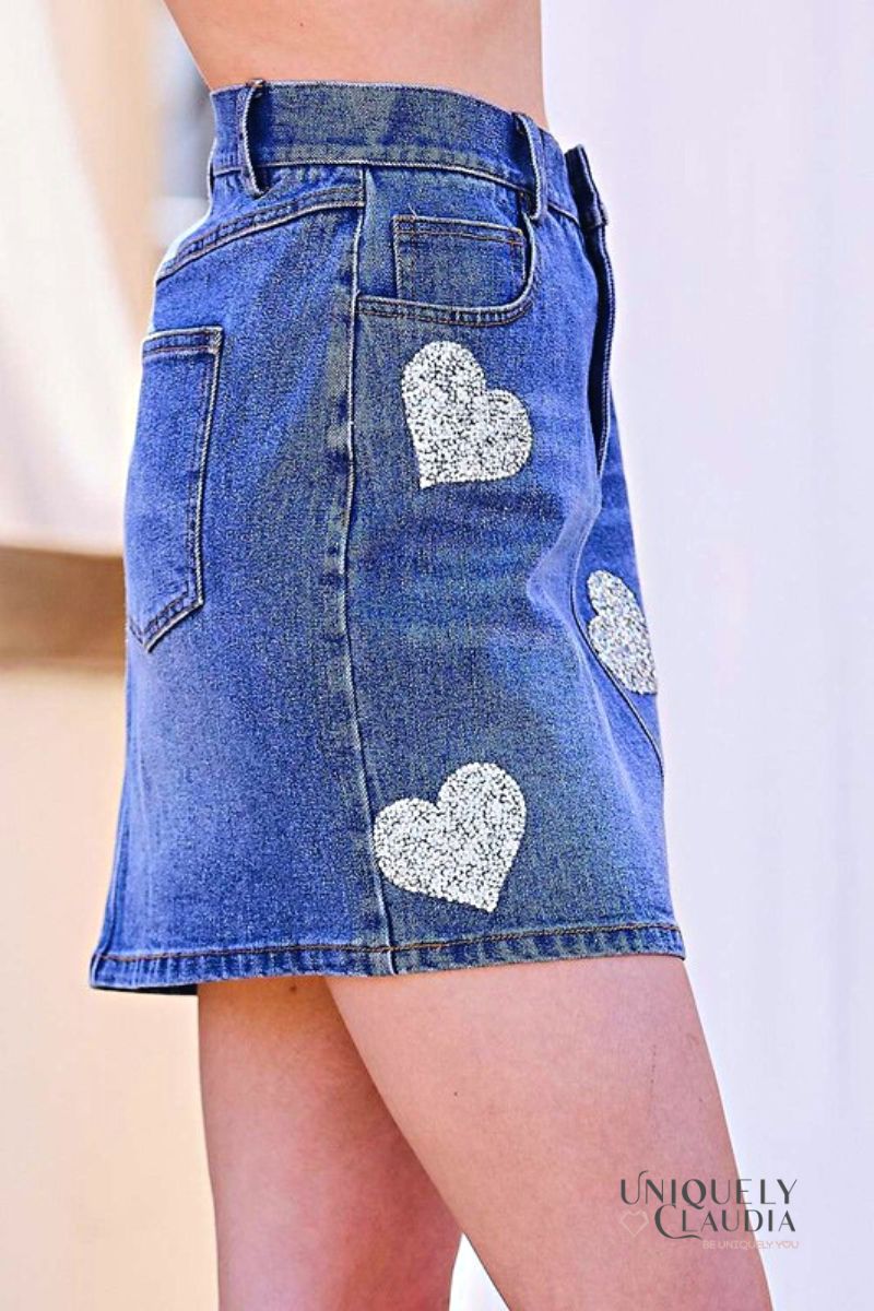 Abbey Sequined Hearts Denim Mini Skirt