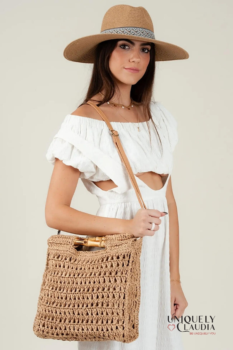 Women's Totes | Dewi Bamboo Handle Straw Tan Bag | Uniquely Claudia Boutique