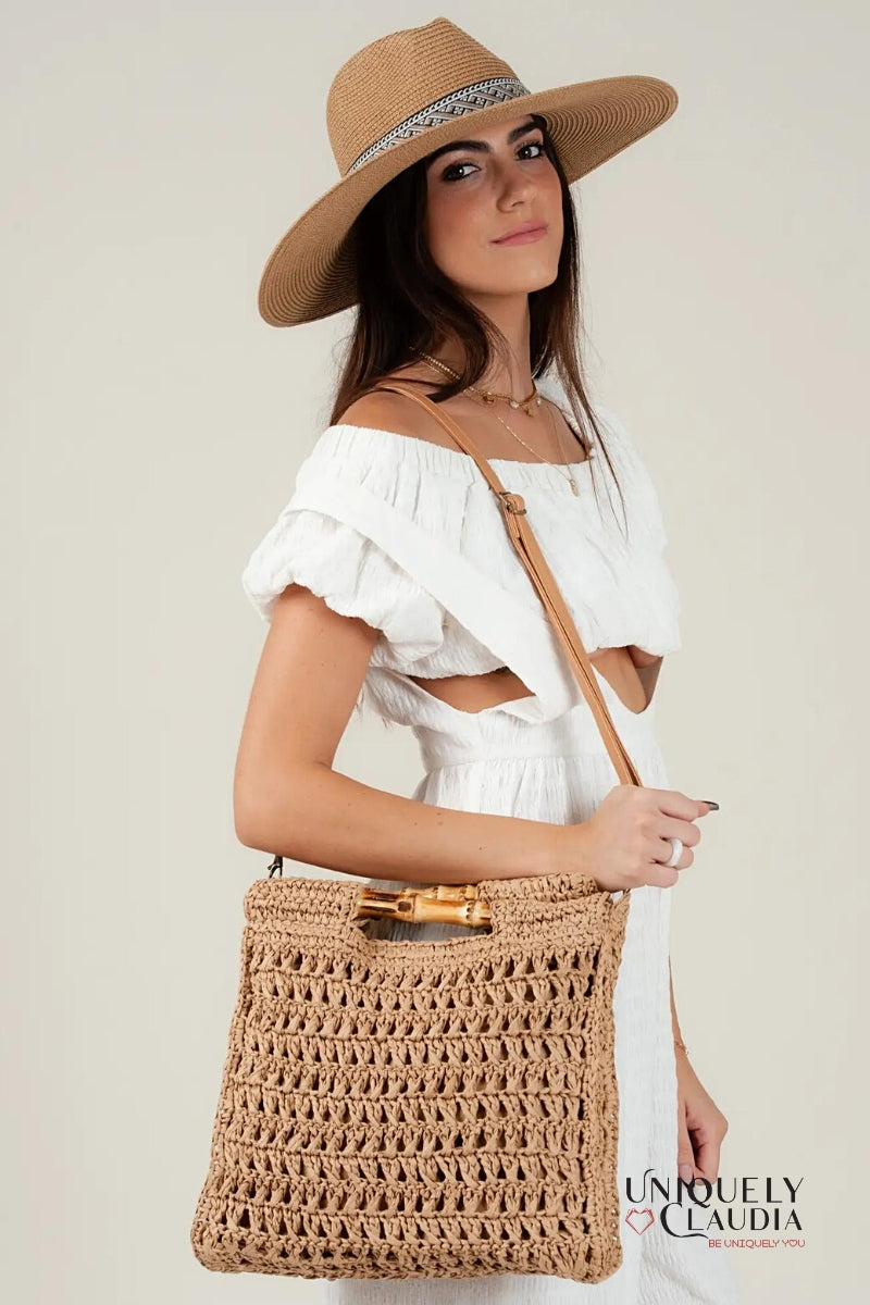 Women's Totes | Dewi Bamboo Handle Straw Tan Bag | Uniquely Claudia Boutique