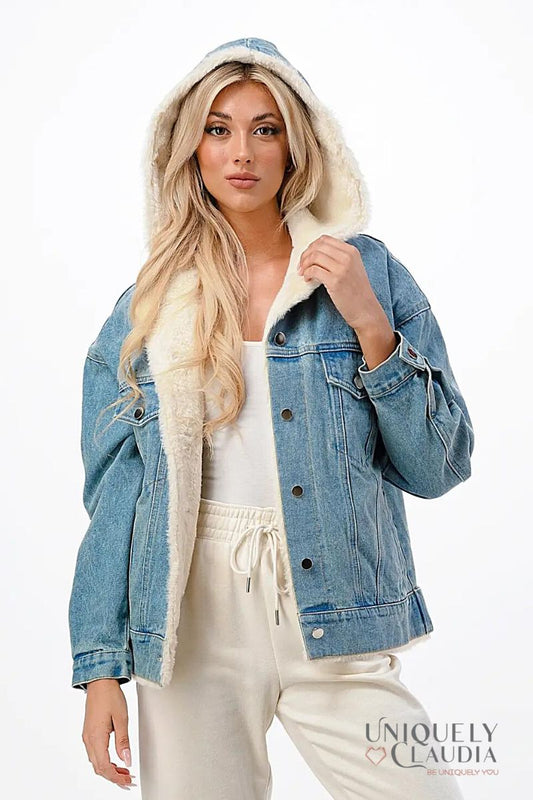 Women's Jackets | Evelyn Hooded Denim Jacket with Faux Fur Lining | Uniquely Claudia Boutique