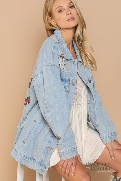 Je T'Aime Mon Amour Distressed Denim Jacket | Uniquely Claudia Boutique