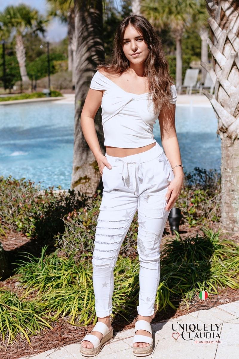 Women's Joggers | Luce Stellare Embellished Crinkle White Joggers | Uniquely Claudia Boutique