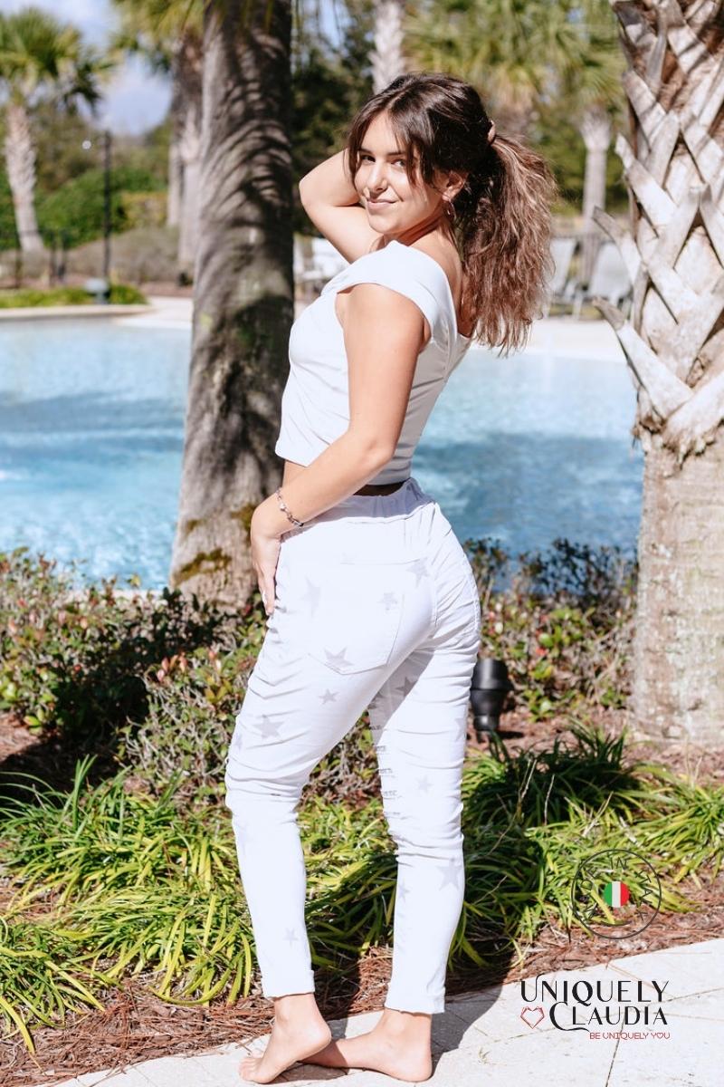 Women's Joggers | Luce Stellare Embellished Crinkle White Joggers | Uniquely Claudia Boutique