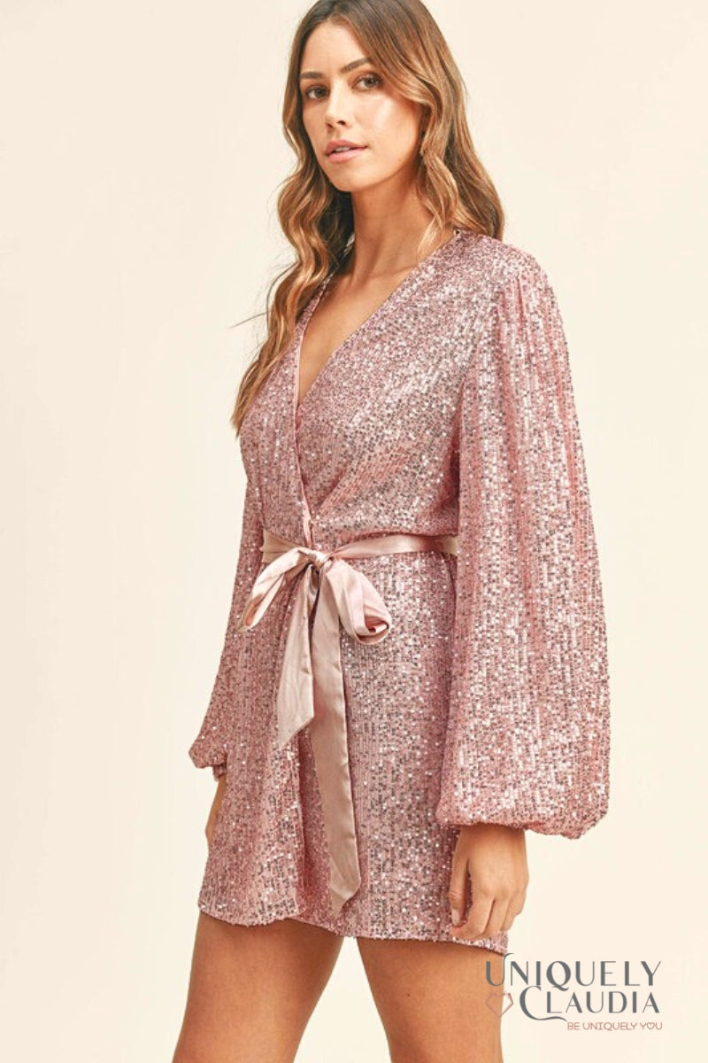 Samantha Pink Sequined Long Sleeve Wrap Dress | Uniquely Claudia Boutique